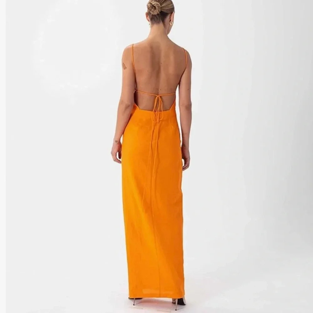 Ronny Kobo Clark Linen Blend Open Back Maxi Dress Ruched Bodycon Orange Size S - Picture 4 of 15